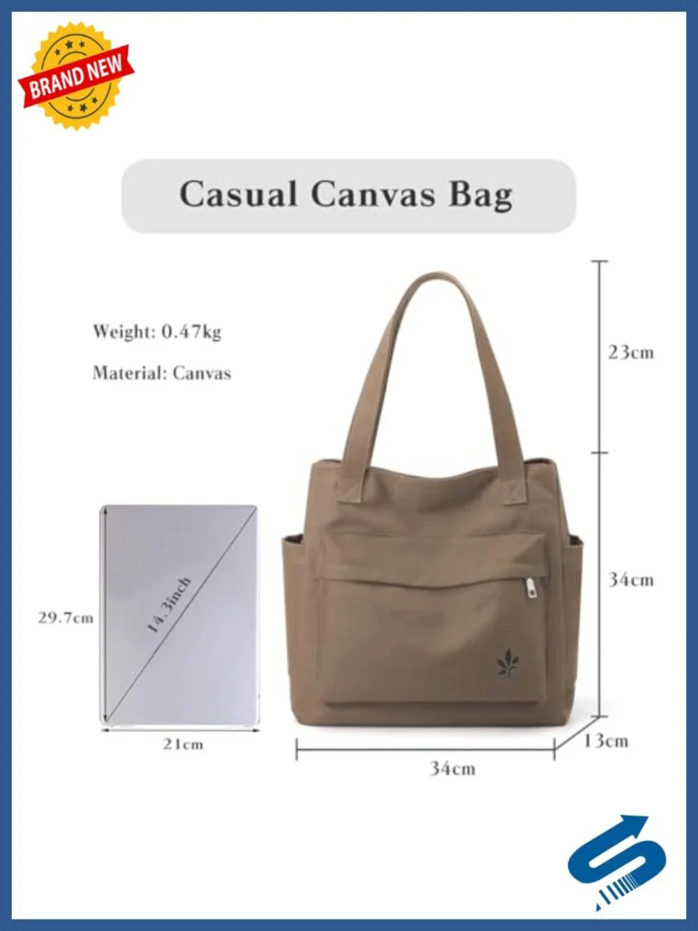 Canvas Shoulder Tote Handbag with Multiple Pockets, Casual